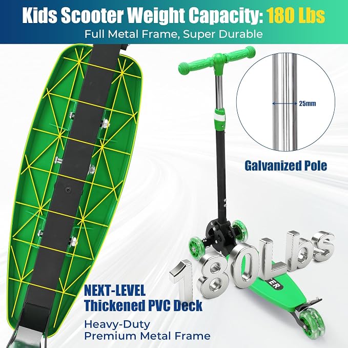 3 Wheel Scooter for Kids Ages 3-12, LED Light-Up Kids Kick Scooter–Portable Foldable, Adjustable Height, Durable Metal Construction, 6" Extra Wide Deck for Outdoor Activities,Child Safety Certified