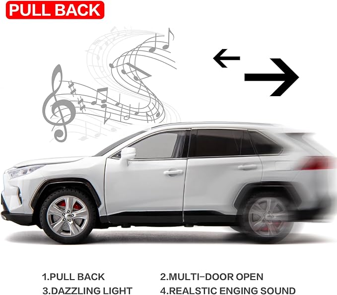 BDTCTK 1/24 Compatible for RAV4 Model Car, Zinc Alloy Diecast Collectible Pull Back Toy car with Sound and Light for Kids Boy Girl Gift White