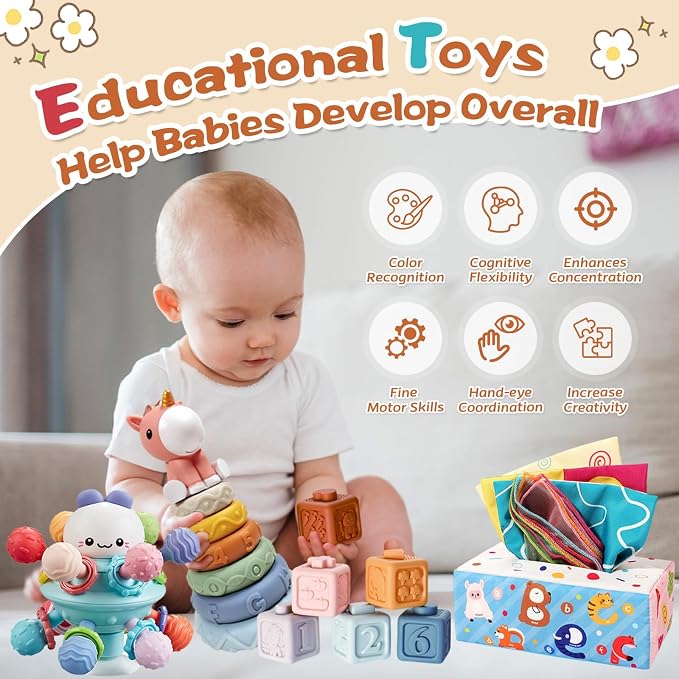 Montessori Toys for 6-12 Months, 4 in 1 Baby Toys for 6 Month Old | Soft Stacking Blocks, Baby Tissue Toy, Teething Toy, Fine Motor & Cognitive Skills, Montessori Toys for Babies 6-12-18 Months