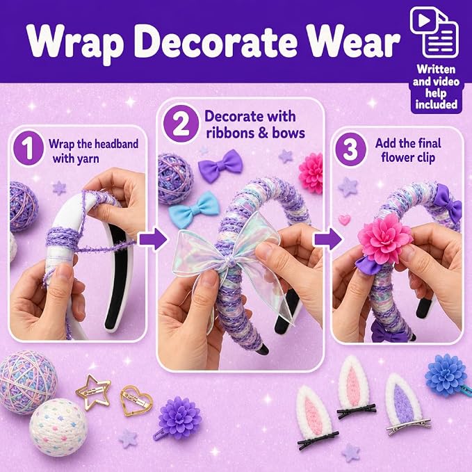 PURPLE LADYBUG Yarn Headbands for Girls - Great 5 Year Old Girl Gifts, Fun 7 Year Old Girl Birthday Gifts Idea, Girls Hair Accessories, Arts and Crafts for Kids Ages 6-8, Make Your Own Kids Headbands