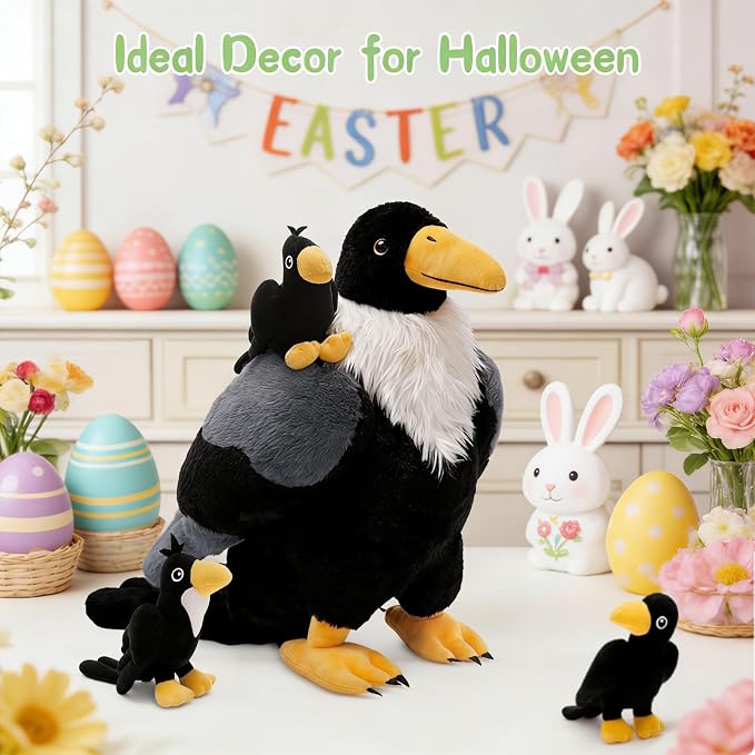 MorisMos Crow Raven Stuffed Animals, 26'' Mommy Raven Plush with 4 Baby Crow Plush Toys for Kid Girl Boy Bird Lover Christmas Birthday Gift, Realistic Black Bird Decor for Halloween Easter Baby Shower