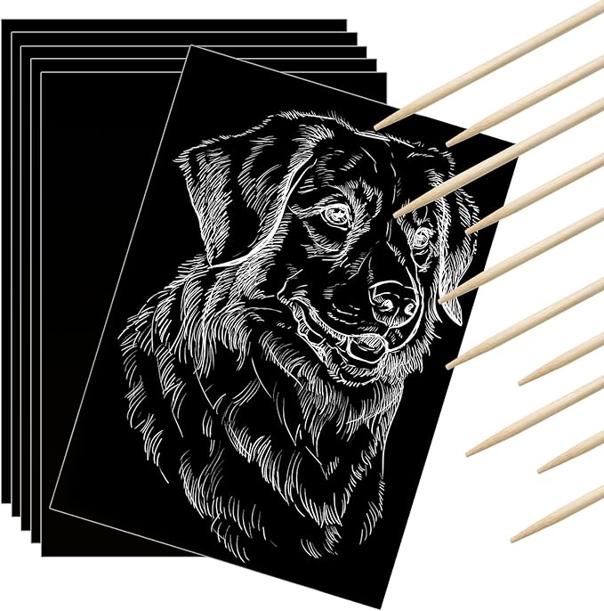 Gersoniel 60 Pieces Scratch Paper Craft Art Set Adults Scratchboard Kits 7.2 x 5 Inch Black Scratch Off Paper Scratchboard Pad Art Supplies with Wooden Stylus for DIY Birthday Party Gift Supplies