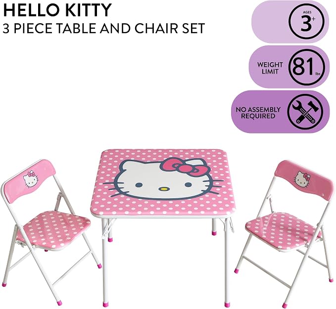 Hello Kitty Kids Activity Table and Chair Set, 3-Piece Square Table with 2 Folding Chairs, Sanrio Character Design,Furniture Set for Ages 3+