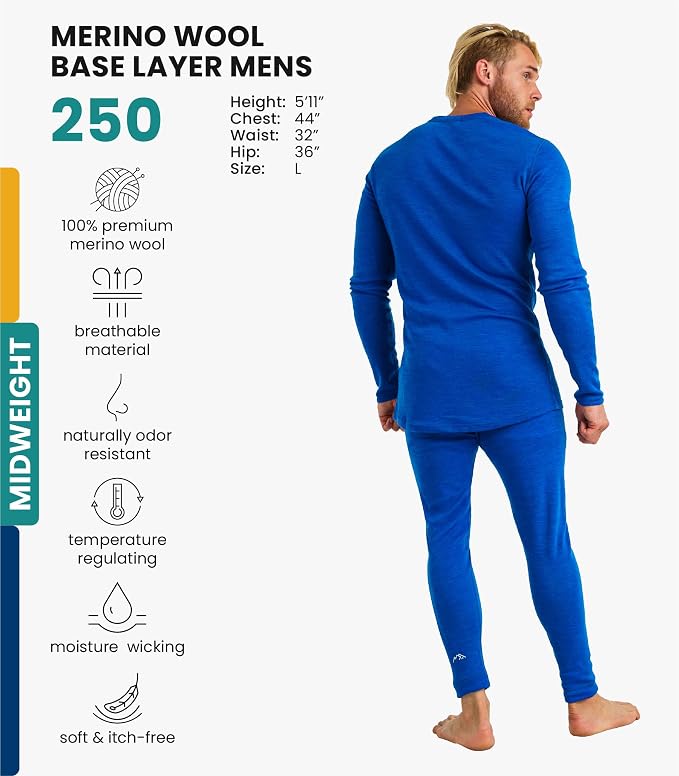 Merino.tech Merino Wool Base Layer Mens Set - Heavyweight, Midweight, Lite Merino Wool Thermal Underwear For Men Top, Bottom