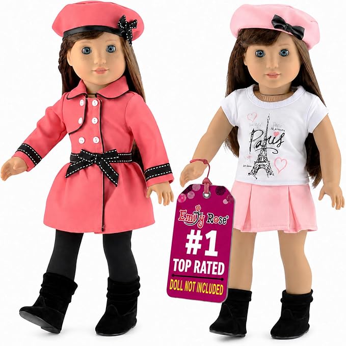 Emily Rose 18" Doll Paris Fashion Bundle - 7-Piece Chic Travel Outfit Set with Coat, Beret Hats, Graphic Tee & Ankle Boots - Gift Boxed French Style Clothes Compatible with American Girl Dolls