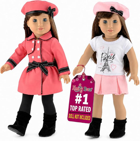Emily Rose 18" Doll Paris Fashion Bundle - 7-Piece Chic Travel Outfit Set with Coat, Beret Hats, Graphic Tee & Ankle Boots - Gift Boxed French Style Clothes Compatible with American Girl Dolls