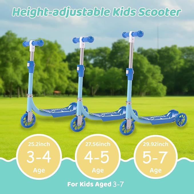 Kick Scooters for Kids 3-5 5-7 Years Age - Handlebars Safe-First Steer,Anti-Slip Deck,Height Adjustable Three Wheeled LED Lighted Up Toddler Scooter for Boy & Girl, Indoor Outdoor Kid Child Toy Gift