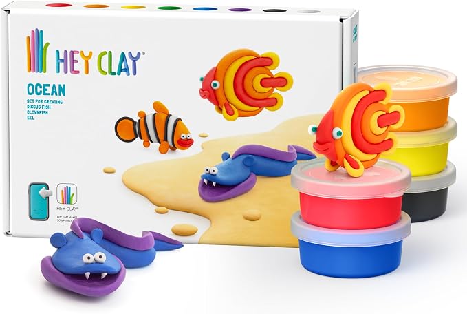 HEY CLAY Colorful Modeling Air Dry Clay for Kids 6 cans with Fun Interactive Instructions App - Kids Activities Age 3+ (Ocean: Clownfish, Discus Fish, EEL)