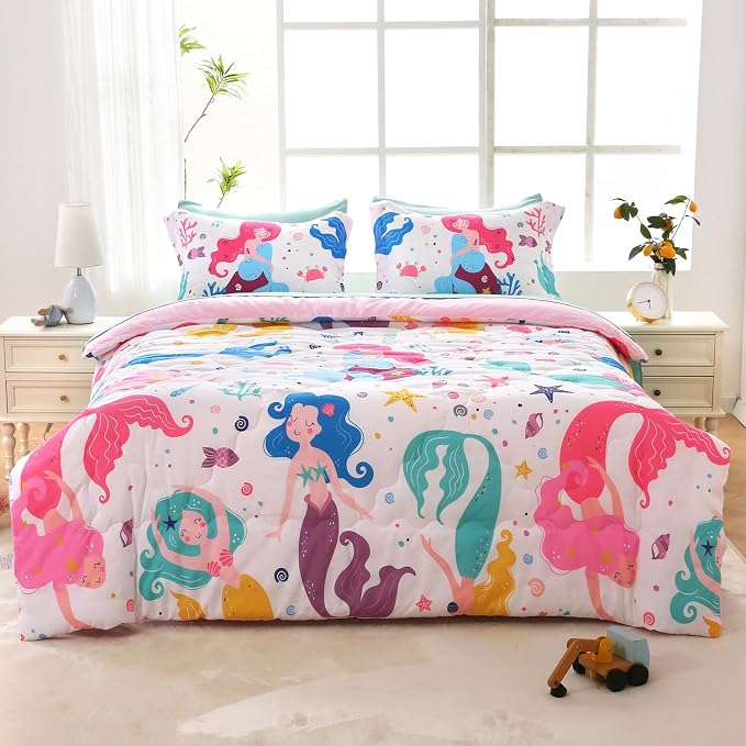 Wajade Kids Mermaids Comforter Set Bed in A Bag Full Size 7 Piece Colorful 3D Cartoon Mermaids Bedding Set for Girls (1 Comforter, 1 Flat Sheet, 1 Fitted Sheet, 2 Pillowcase and 2 Pillow Sham)