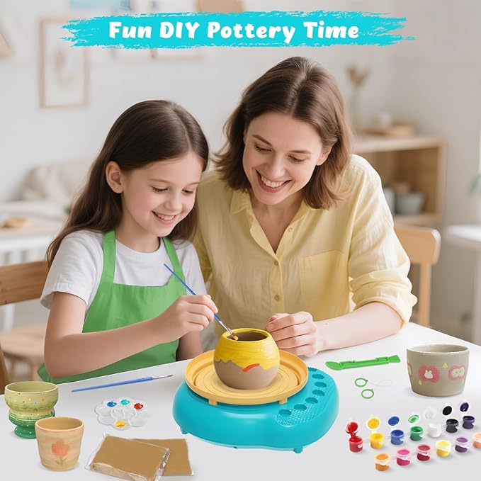 Pottery Wheel for Kids with Complete Clay Kit,Beginner Pottery Painting Set with Air Dry Clay,12 Paints,Sculpting Tools,Apron and Guide,Arts and Crafts Christmas Birthday Gift for Girls Boys Ages 6-12