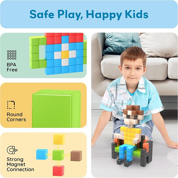 PicassoTiles 108pcs 1” Magnetic Puzzle Cubes Magnet Toys Preschool Construction Building Block Set Sensory Toy Early Education STEM Learning Come with Ideabook for Children Age 3+ Boy Girl PMC108