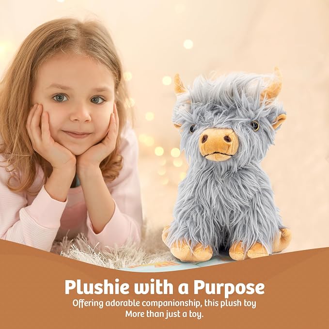 Marysun Highland Cow Stuffed Animal Toy, Gray Microwavable Highland Cow Gift for Girls and Kids, 9.8in, 1.65lb