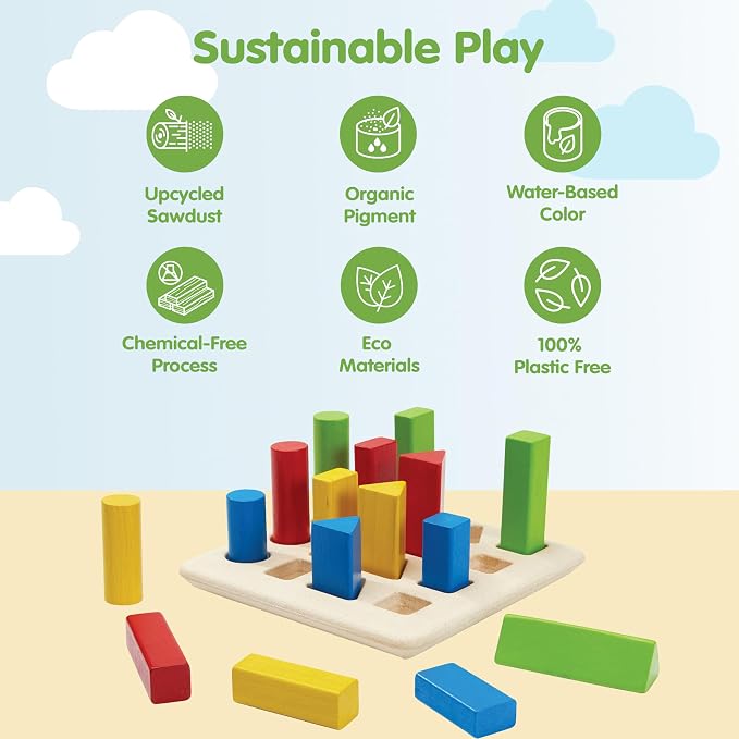 PlanToys® Geometric Peg Board Wooden Shape Sorting & Stacking Toy for Kids Ages 2+ | Montessori STEM Toy for Fine Motor Skills, Color Learning & Coordination | Eco-Friendly Educational Activity