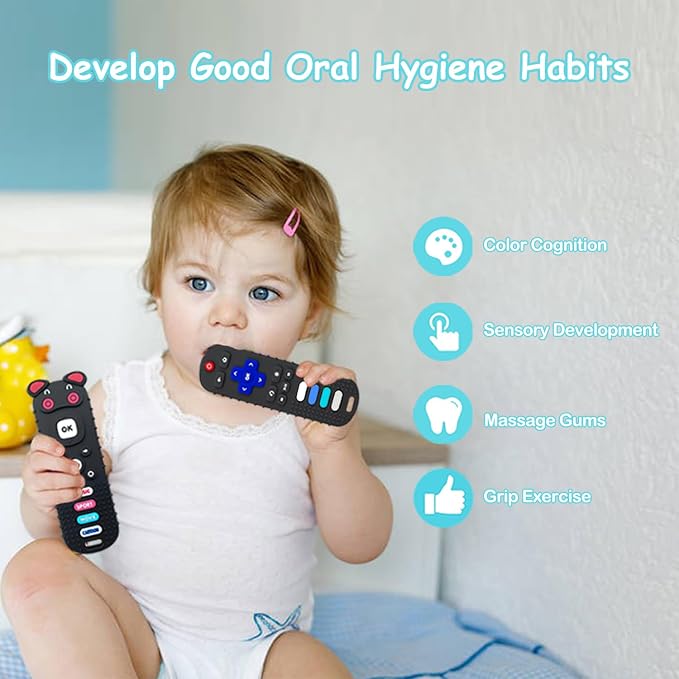 2-Pack Silicone Baby Teething Toys, Fire TV Remote Shape for 18 Months Infant, Toddlers, Boys and Girls Early Educational Sensory Toy (Black+Purple)