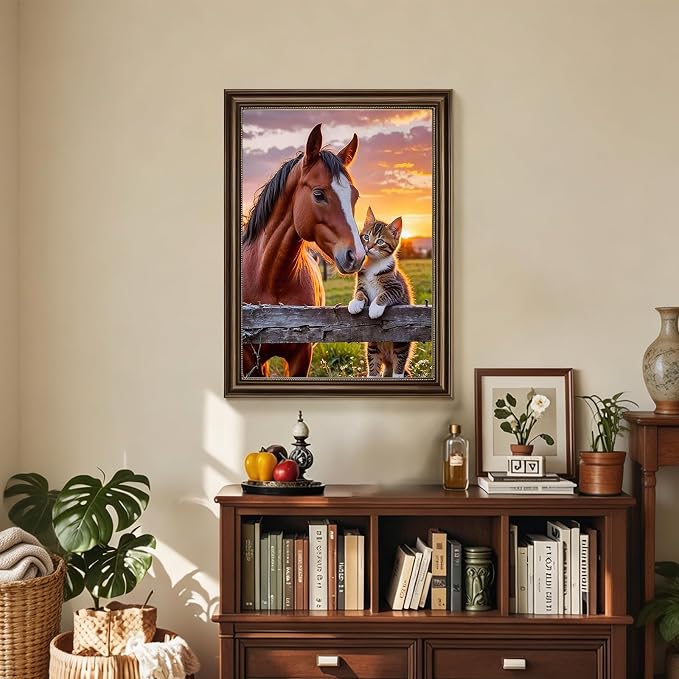 CHWGLFGG 5D Full Round Drill Diamond Painting Kit for Adults, Horse and Tabby Kitten Sunset Farm Diamond Art Canvas, DIY Paint by Diamonds Dot Gem Craft 12x16 Inch for Home Wall Decor
