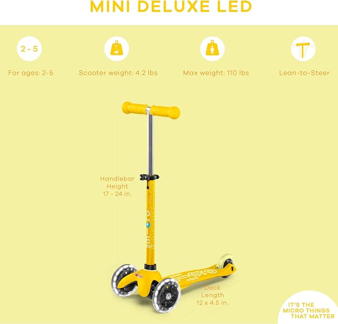 Micro® | Mini Micro Deluxe LED Scooter 3 Wheels | Wheels with LED Lighting | Adjustable and Detachable Handlebar | Non-Slip | Boys and Girls | 2-5 Years