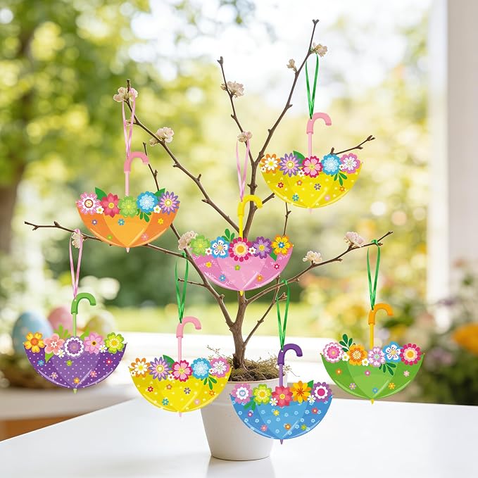 PAIVSUN 24Pcs Spring Crafts Kits Make You Own Umbrella Paper Ornament DIY Arts and Crafts for Spring Summer April Activity Party Decoration Supplies