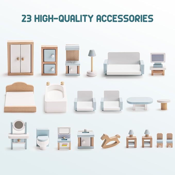 ROBOTIME Dollhouse Furniture, Wooden Doll House Furniture Set, 23 PCS Doll House Accessories and Furniture, Dollhouse Furniture Gift for Boys and Girls