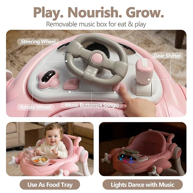 Kinder King 8-in-1 Baby Walker with Music & Lights, 3 Level Adjustable Height, Foldable Toddler Walker with Speed Adjustable Wheels, Easy to Clean, Baby Walkers for Boys & Girls 6-18 Months