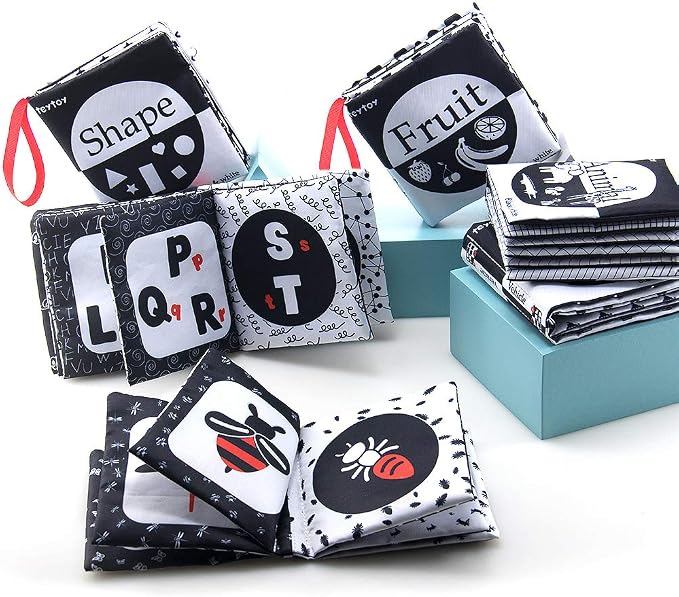 teytoy My First Soft Book, 6 PCS Nontoxic Fabric Cloth Activity Crinkle Black and White Books for Infants Boys and Girls Early Educational Toys Perfect for Baby Shower