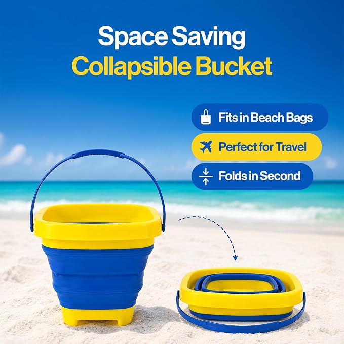 Beach Toys for Kids, 12-Piece Foldable Sand Toy Set, Silicone Beach Bucket, Sand Toys for Toddlers Ages 2-8, Beach Bucket and Shovel Set, Outdoor Beach and Sandbox Toys (Blue Set)