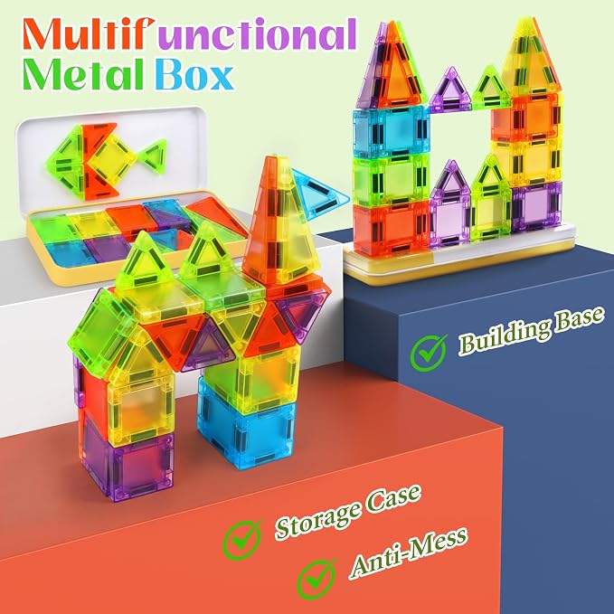 Mini Magnetic Tiles Travel Set- Travel Toys with Portable Iron Box, Rounded Edges, Colorful Sensory Toys for Ages 3+, Building-Creativity Gifts for Kids, Home Airplane Car Trip, 29 PCS