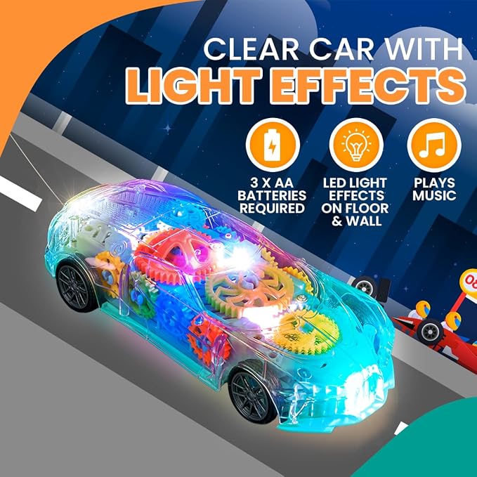 Playbees Light-Up Transparent Car with Remote Control, Toys for Autistic Kids Ages 3-5 Sensory Activity for Kids with Autism Special Needs Toys, Bump and Go Toys for Toddlers Music and LED Effects