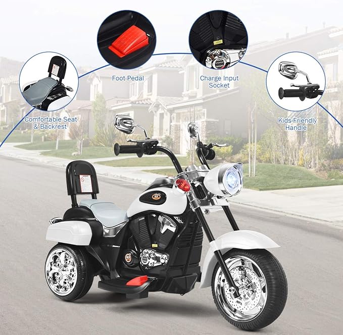 Costzon Kids Motorcycle, 6V Battery Powered Ride on Chopper Motorcycle w/Horn, Headlight, 3-Wheel Stable Ride on Toys, Electric Toddler Motorcycle for Kids, Gift for Boys Girls (White)