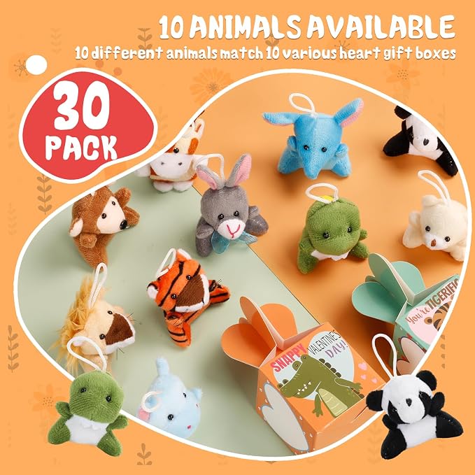 ATFUNSHOP 30 Pack Animal Plush Keychains Bulks – Easter Basket Fillers, Valentines Day Gifts for Kids, Small Stuffed Animals Toys with Gift Boxes, School Classroom Party Favors for Students