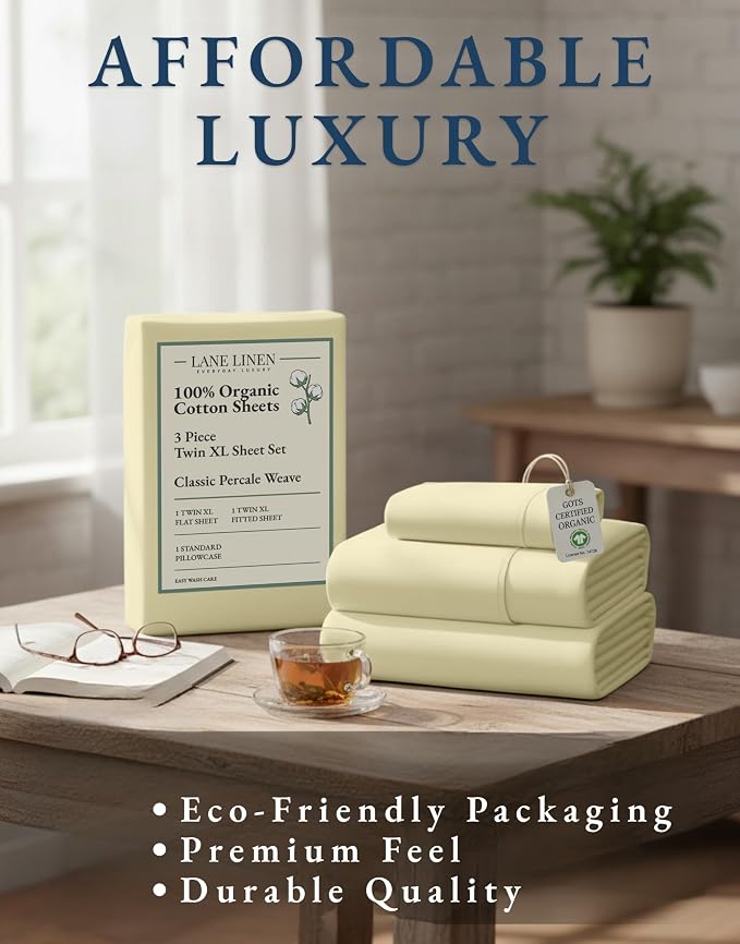 LANE LINEN Twin XL Sheet Set 100% Organic Cotton Percale Cooling - Vanilla | Twin XL Sheet Set, Pure Long-Staple Organic Cotton - Crisp, Cool & Breathable, For Hot Sleepers, All-Season Comfort