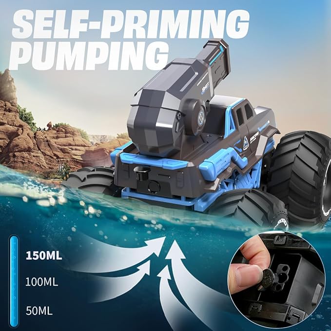 BEZGAR Remote Control Monster Truck, RC Boat Amphibious Cars Pickup Monstertruck with Shooting Water Gun - Pool Toys 4WD Waterproof All-terrian Off-Road Vehicles Gifts for Kids Boys Adults