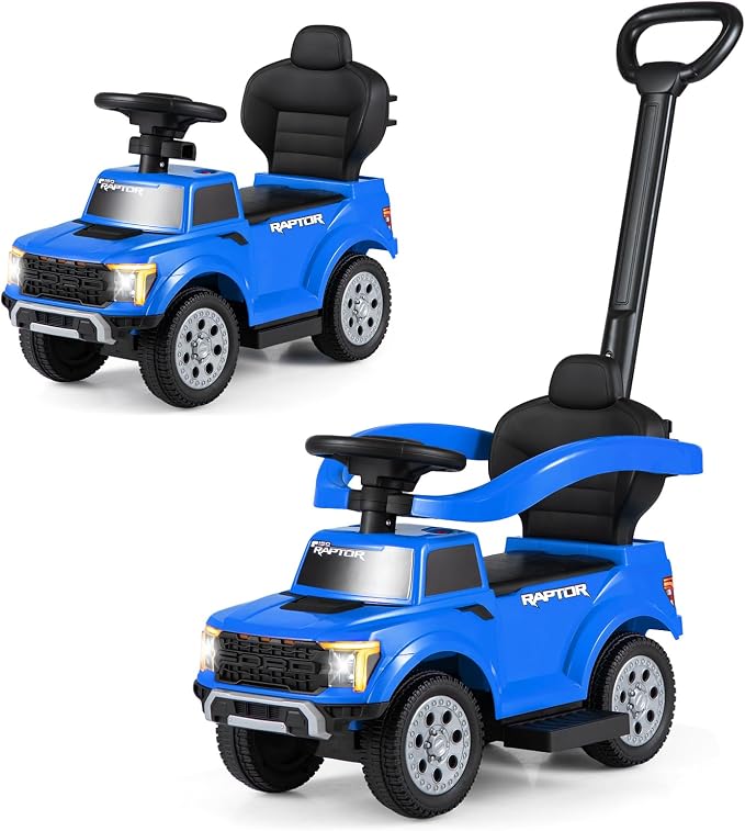 Costzon Ride On Push Car for Toddlers, 3-in-1 Ford Licensed Sliding Car w/Handle, Guardrail, Horn, Engine Sound, LED Lights, Under Seat Storage, Foot-to-Floor Kids Ride On Toys for Boys Girls (Blue)