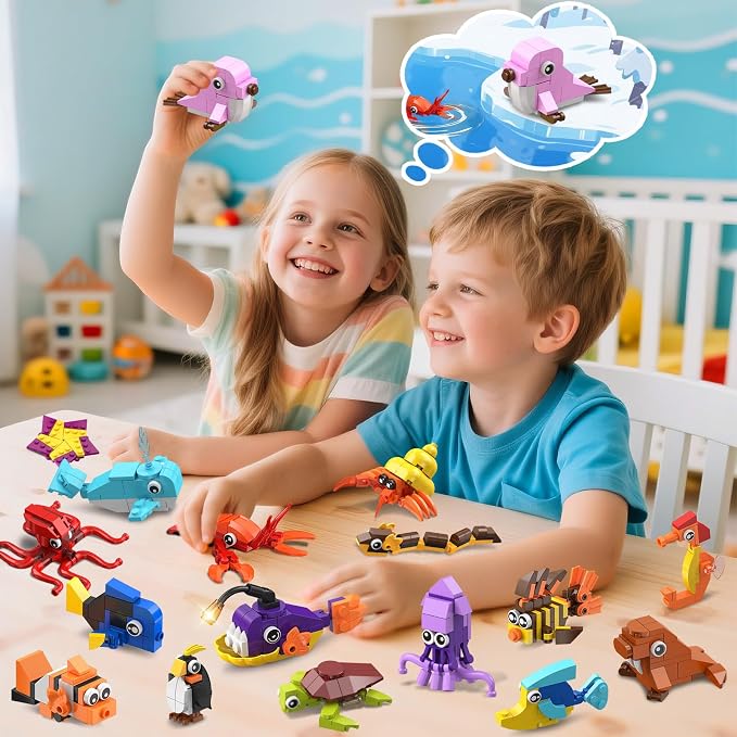 30 Pack Animals Party Favors For Kids, 824PCS Marine Animal Building Block Toy Sets for Goodie Bags Fillers Stocking Stuffer Classroom Prizes Stocking Stuffers Birthday Return Gifts for Boys Girls 6 +