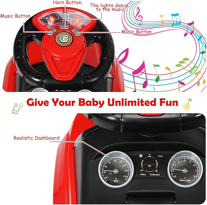 Costzon 3 in 1 Ride on Push Car, Stroller Sliding Walking Car with Horn, Music, Light, Under Seat Storage, Parental Handle, Armrest Guardrails, Ride on Toy for Boys & Girls (Red)