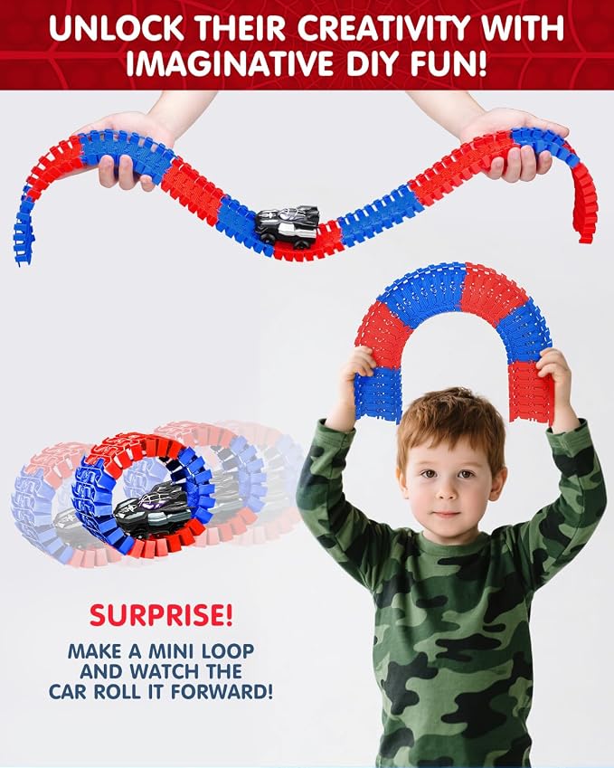 Spider Hero Race Track Toy for Boys 4-6, 212PCS Flexible Car Track with 2 Spider Cars, STEM DIY Track Playset Gift for Kids Ages 3 4 5 6 7 8
