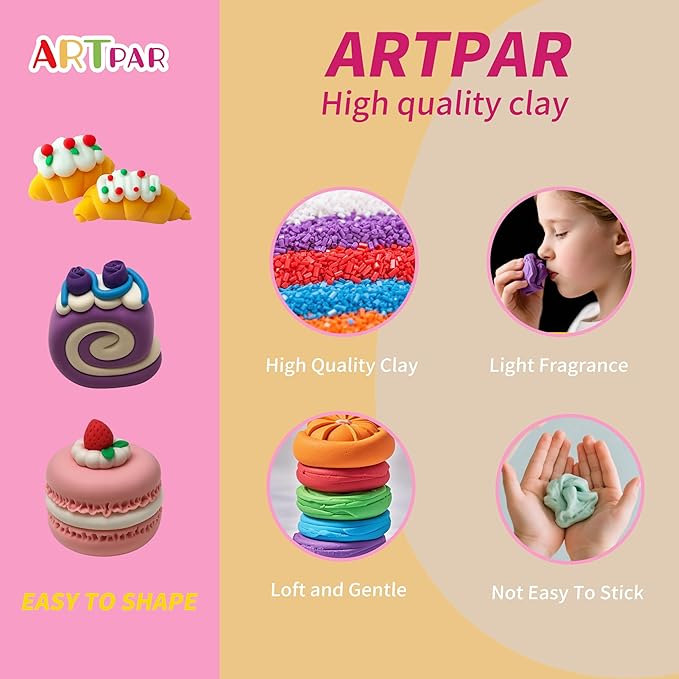 ARTPAR Air Dry Clay Kit,12 Desserts Modeling Magic Clay for Kids Sculpting Set, Ultra-Light & Soft, Safe and Non-Sticky | DIY Art & Crafts Fun Kitchen Toys, Home Party Favors for Boys & Girls