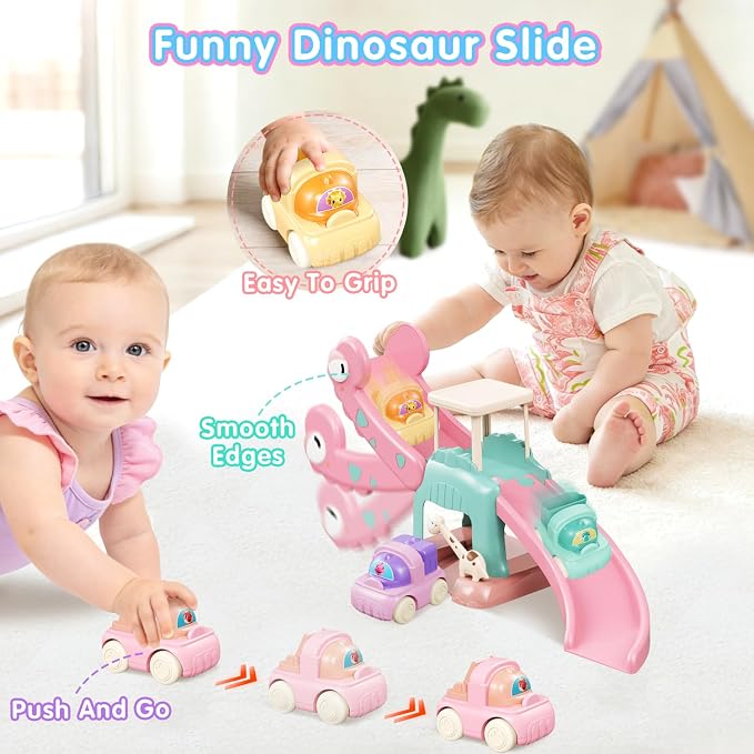 Dinosaur Car Ramp Slide Toy for Toddlers — 4 Push Cars with Race Track, Baby Slide Indoor Toy, Montessori Learning Birthday Gift for Boys Girls 1 2 3 Year Old (Pink)