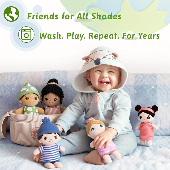 OUOZZZ Soft Baby Dolls, Set of 5 Multicultural 8.8" Plush Dolls in Basket | Diversity Ethnic, For Toddlers, Preschool, Daycare & Home