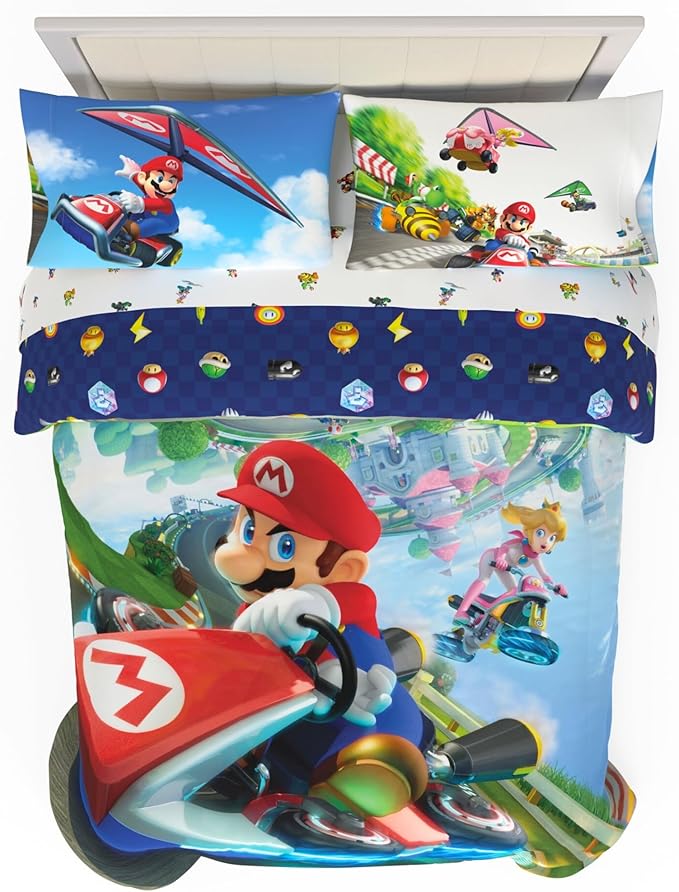 Super Mario Kart Game Kids Bedding Set, Full Size, 5-Piece Super Soft Cozy Reversible Comforter & Sheet Set (Officially Licensed Product) by Franco