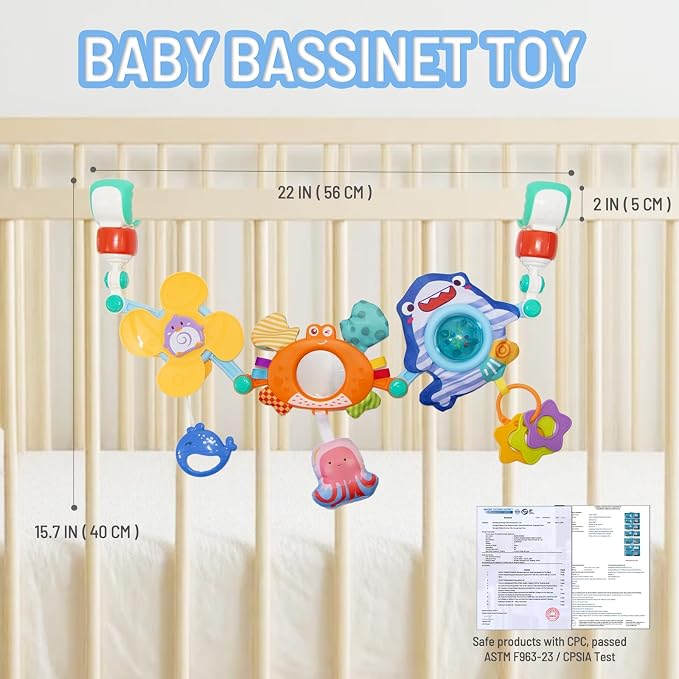 Adjustable Baby Stroller Arch Toy, Car Seat Toys for Infants 0 Months Bassinet Hanging Toy Bar Attachment with Mirror & Sound, Crib Comfort Gift for Birthday, Baby Shower