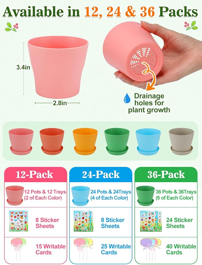 Cosweet 36 Pack Durable Resin Garden Pot Craft Kit for Kids | Colorful Flower Plant Crafts with Trays, Stickers & Blank Labels, Art Activities for Classroom School Home DIY Gifts 4+ years