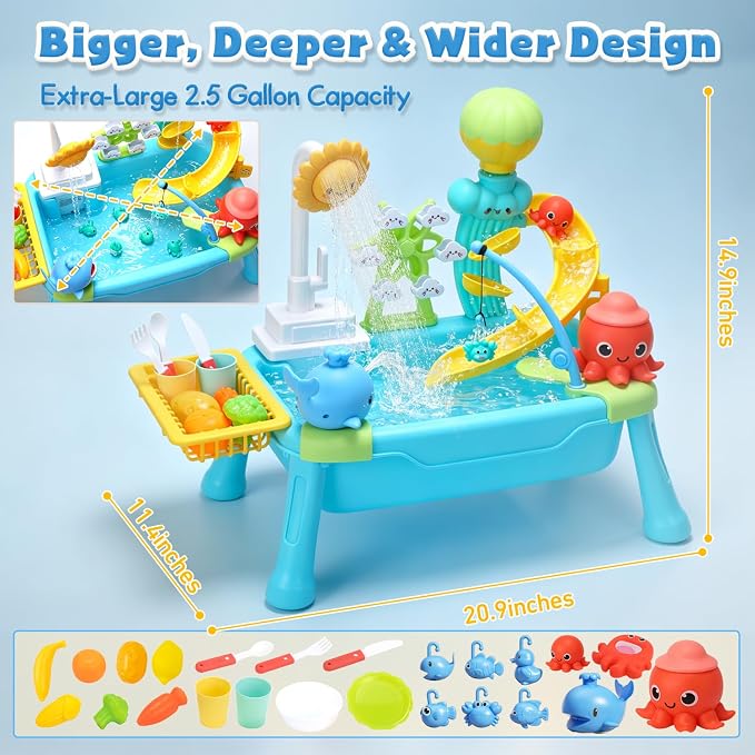 CUTE STONE Toddler Water Table for Kids, Kitchen Sink Toy with Running Water & Fishing Game,Water Play Table for Backyard Beach Pool, Summer Gifts for Boys Girls-Octopus