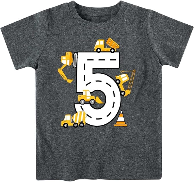 Lovekider 2-5 Years Birthday Boy Shirt Construction Party T-Shirts Excavator Cotton Short Sleeve Tee Dark Grey