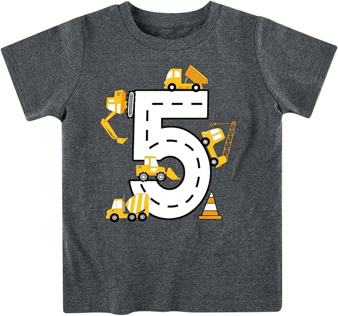 Lovekider 2-5 Years Birthday Boy Shirt Construction Party T-Shirts Excavator Cotton Short Sleeve Tee Dark Grey