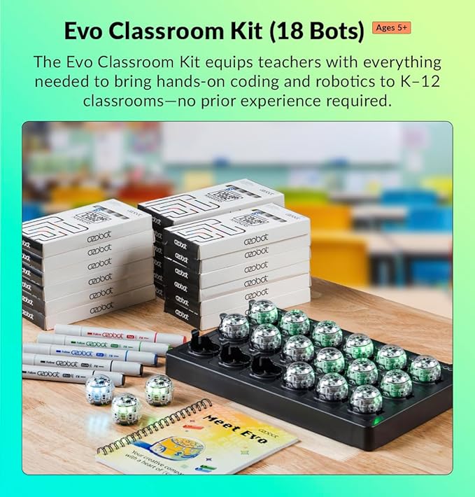 Ozobot Evo Classroom Kit (18 Bots): Professional STEM Education Set for Grades K-12, Includes 18 Robots, Charging Cradle, Color Code Markers, and Access to 700+ Lesson Plans for Teachers and Schools