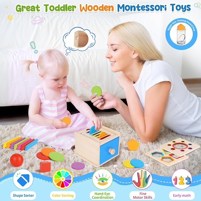 FCSONU Toddler Montessori Toys for 1 2 3 Year Old, 3in1 Shape Sorter For Toddlers 1-3 Fine Motor Skills Toys, Drawer Coin Box Color Sorting Toys Sensory Toys, Christmas Birthday Gifts for Boy Girl Kid