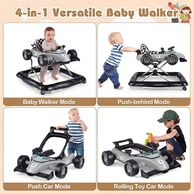 BABY JOY 4-in-1 Baby Walker, Foldable Activity Walker with Push Mode, Adjustable Height, Lights, Anti-Rollover, Baby Walker with Wheels for Boys Girls 6-18 Months (Gray)