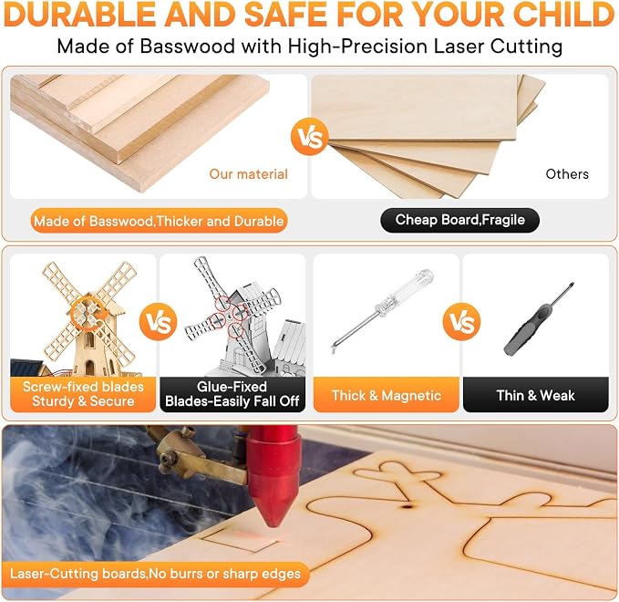 STEM Solar-Powered 3D Wooden Puzzle Kit - DIY Dutch Windmill House Building Toy | Educational Science Craft for Kids 8-15 & Adults | Hands-On Creative Model Project | Adopt Basswood-Safe&Sturdy