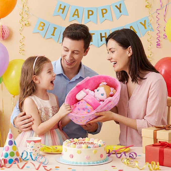 OUOZZZ Baby Doll Accessories with Soft Doll, Bassinet, Blanket and Bottle, Interactive Pretend Playset for Social Emotional Learning, Toy for 2 Year Old Girls