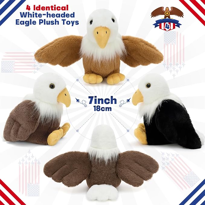Tezituor 4 Pcs Bald Eagle Plush Toys – 7" Cuddly Eagle Stuffed Animals Bulk for Party Favor, Perfect Collectible Gift for Kids